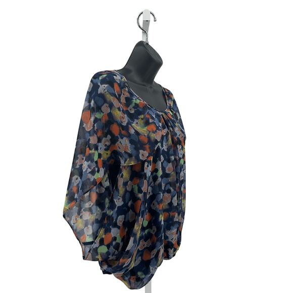 Eclair Printed Overlay Poncho Blouse Womens XS Navy #TS6587-03 Scoop Lined Pleat - Picture 2 of 6